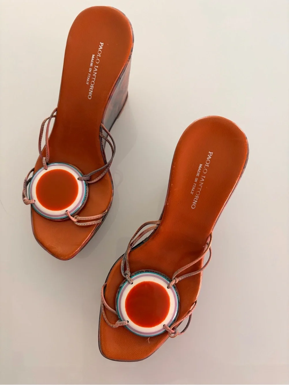 Orange Leather Wedge Slides with Decorative Medallion